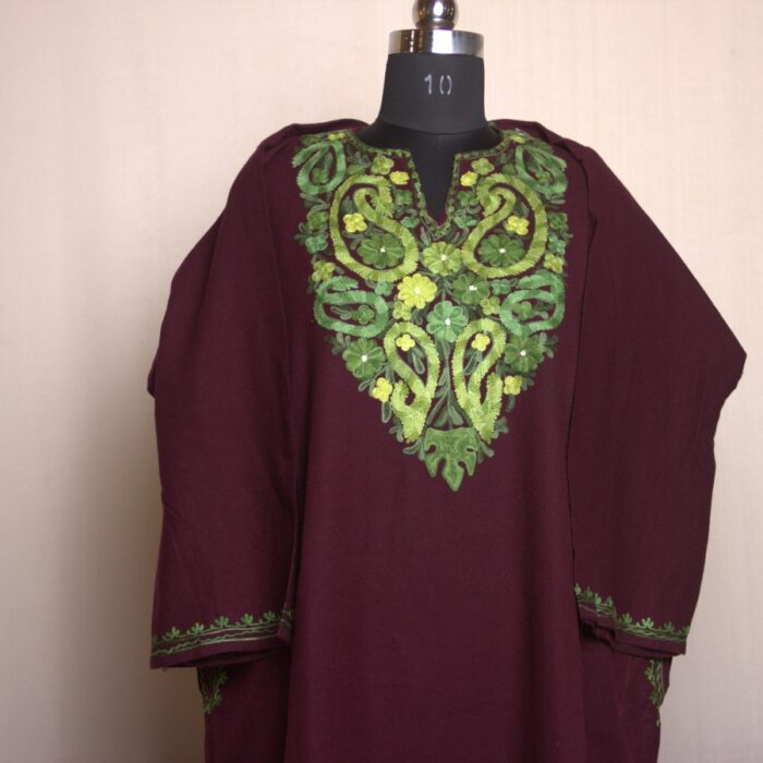 Wine Floral Shahi Aari Work Cashmilon Pheran