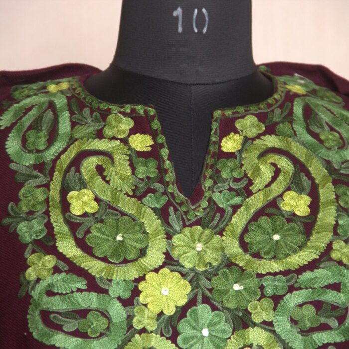 Wine Floral Shahi Aari Work Cashmilon Pheran - Image 3