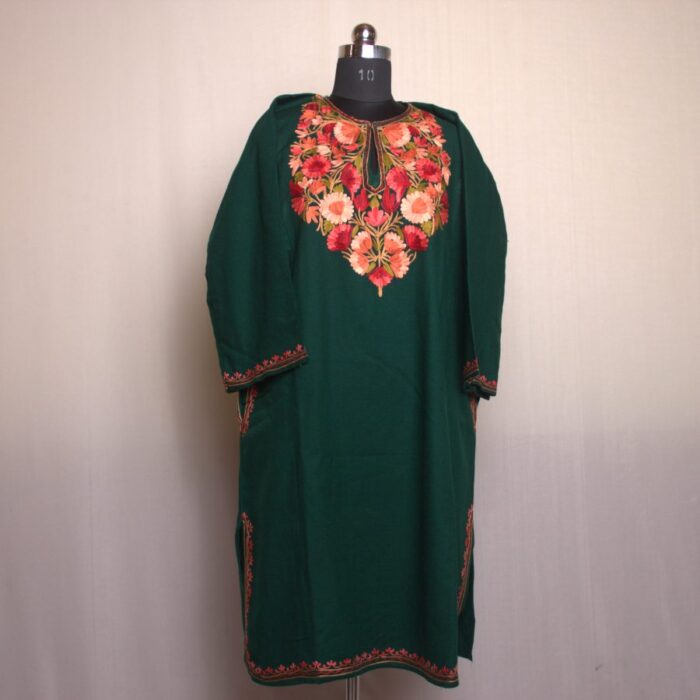 Dark Green Bagi-Hyder Aari Work Cashmilon Pheran - Image 2