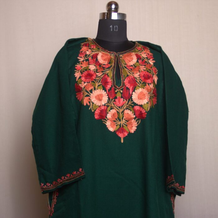 Dark Green Bagi-Hyder Aari Work Cashmilon Pheran