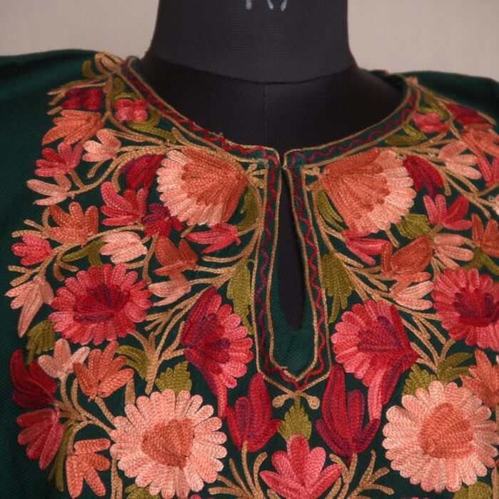 Dark Green Bagi-Hyder Aari Work Cashmilon Pheran - Image 3