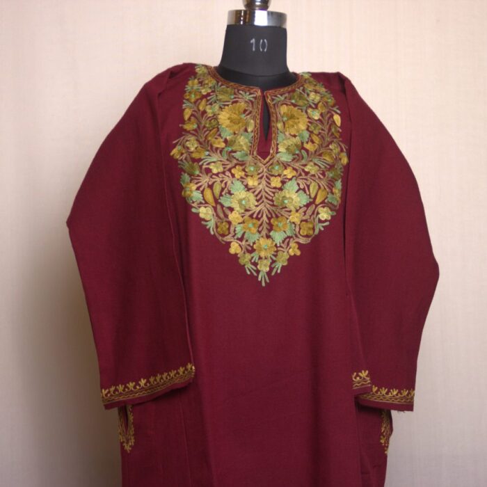 Maroon Aari Work Cashmilon Pheran