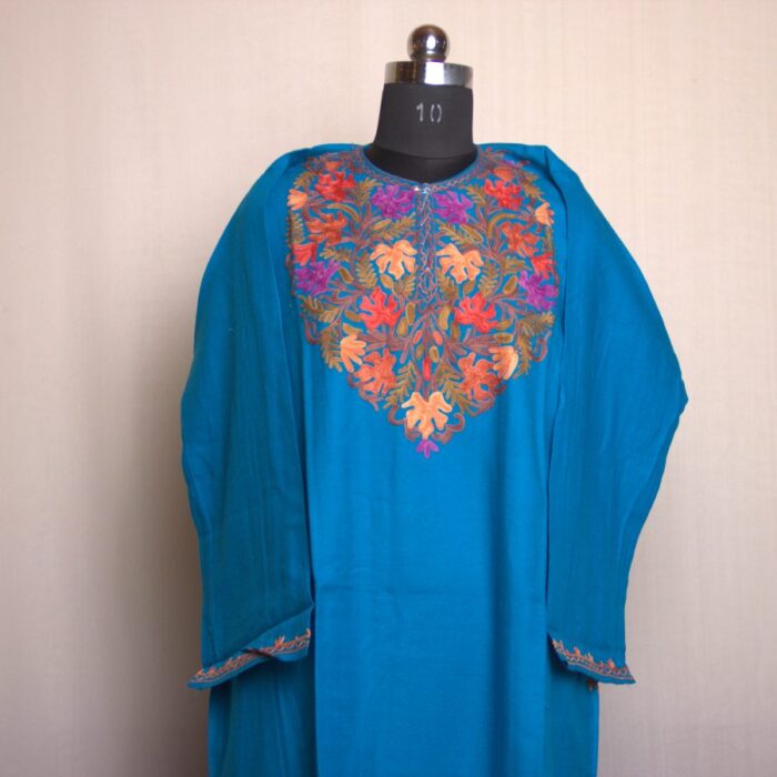 Blue Wulur Chinari Aari Work Cashmilon Pheran