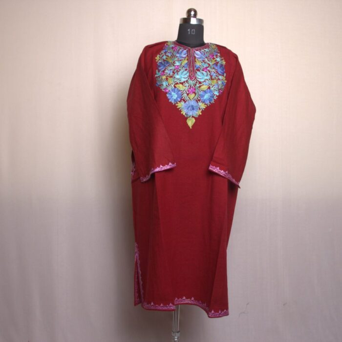 Maroon Pun Aari Work Cashmilon Pheran - Image 2