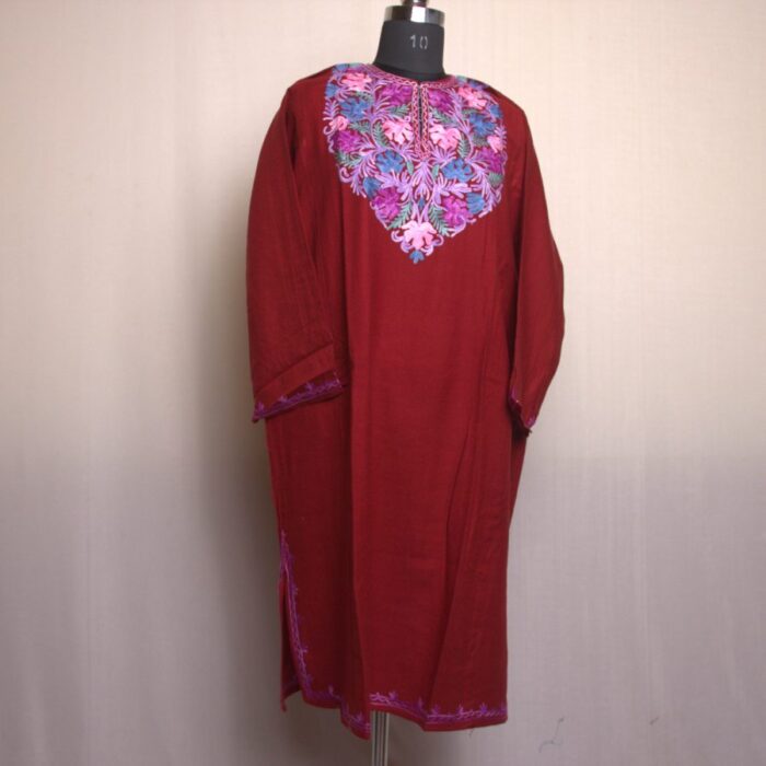 Maroon Dal Aari Work Cashmilon Pheran - Image 2