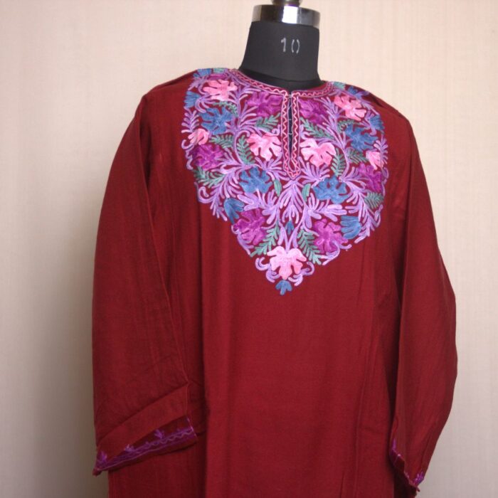 Maroon Dal Aari Work Cashmilon Pheran