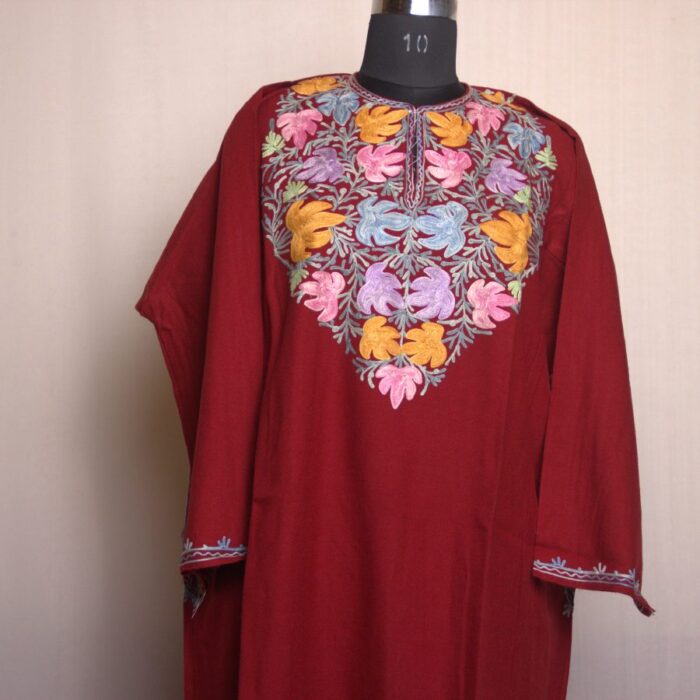 Maroon Aari Work Cashmilon Pheran