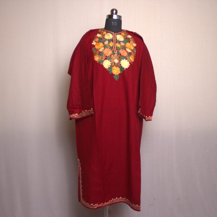 Maroon Posh Aari Work Cashmilon Pheran - Image 2