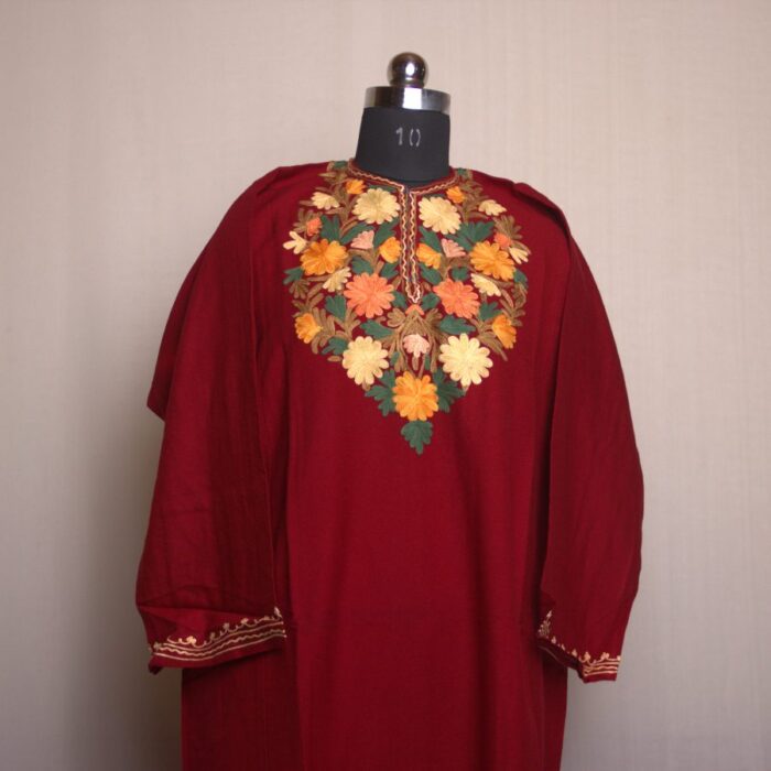 Maroon Posh Aari Work Cashmilon Pheran