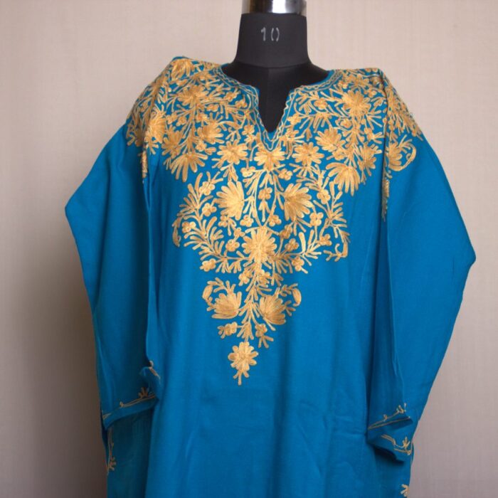 Blue Aari Work Front Back Cashmilon Pheran