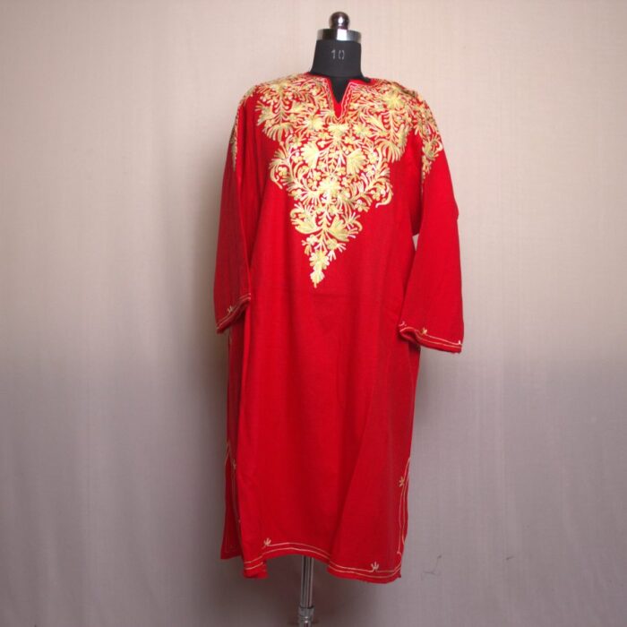 Red Aari Work Front Back Cashmilon Pheran - Image 2