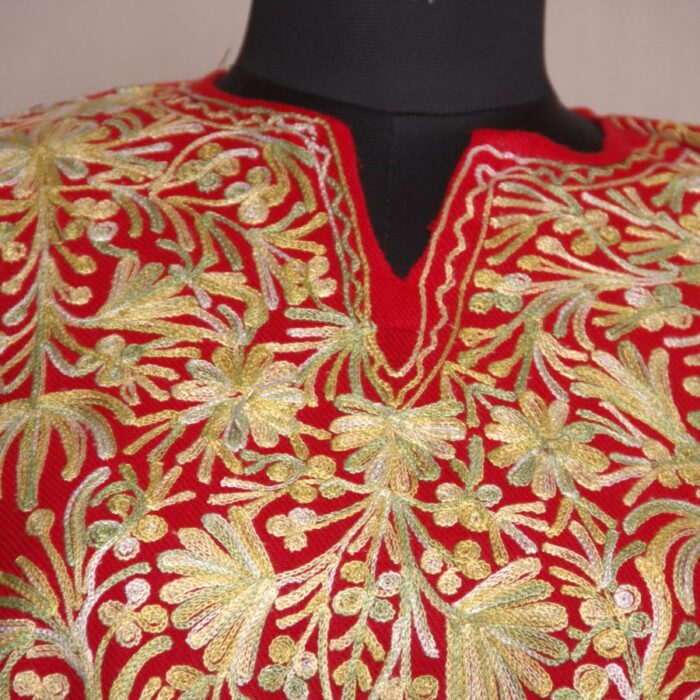 Red Aari Work Front Back Cashmilon Pheran - Image 3