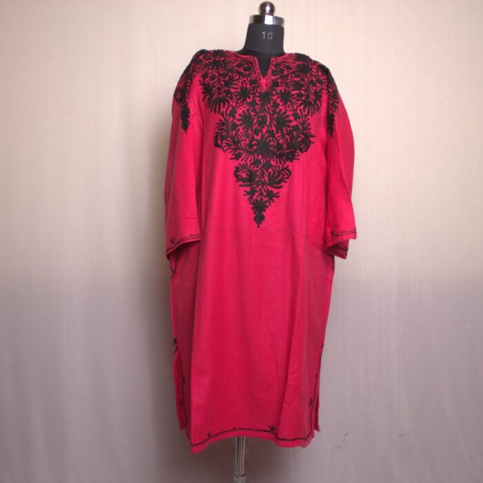 Pink Black Aari Work Front Back Cashmilon Pheran - Image 2