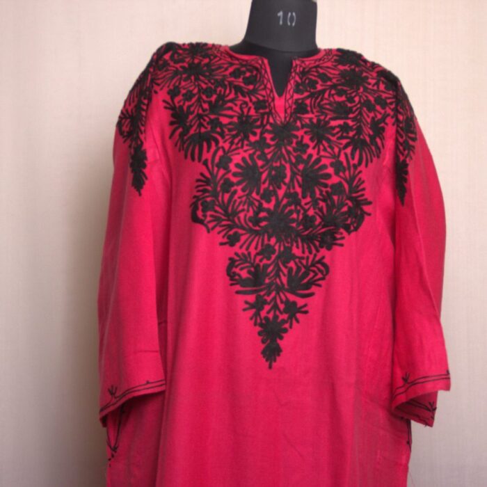 Pink Black Aari Work Front Back Cashmilon Pheran