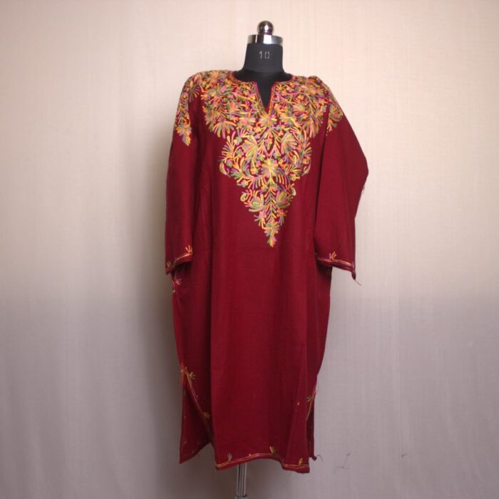 Maroon Aari Work Front Back Cashmilon Pheran - Image 3