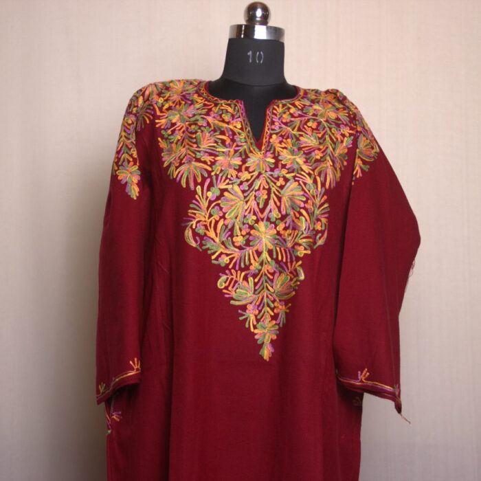 Maroon Aari Work Front Back Cashmilon Pheran