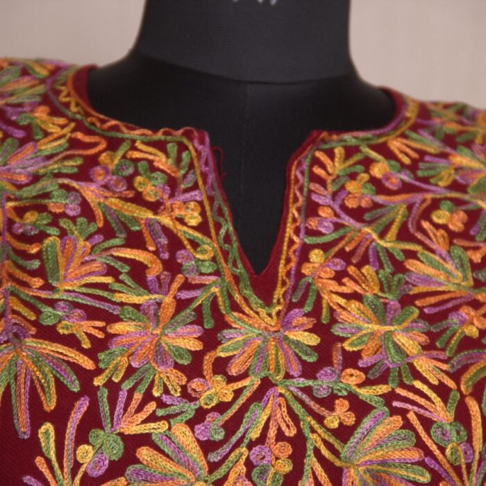 Maroon Aari Work Front Back Cashmilon Pheran - Image 2