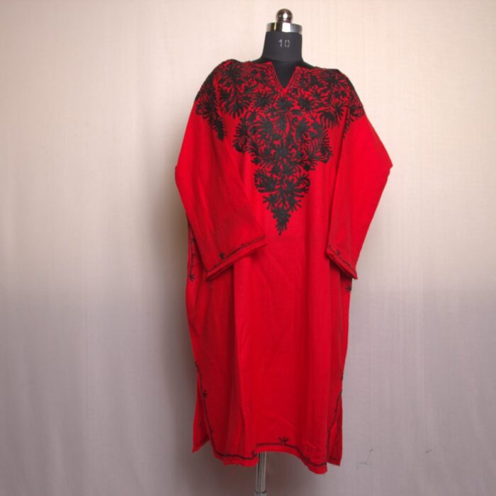 Red Black Work Front Back Cashmilon Pheran - Image 2