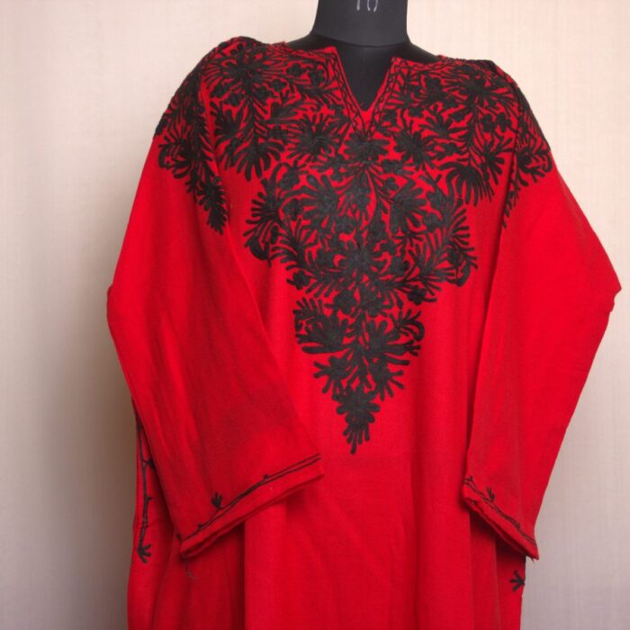 Red Black Work Front Back Cashmilon Pheran