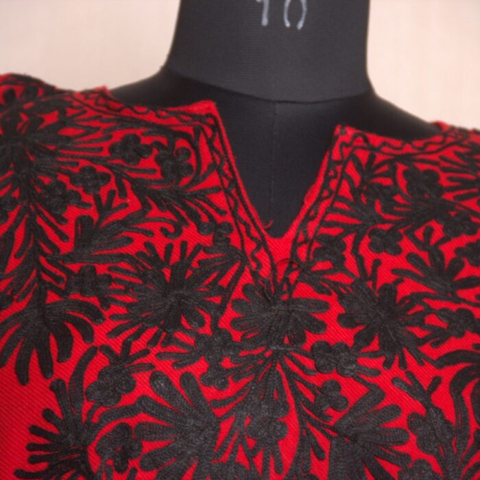 Red Black Work Front Back Cashmilon Pheran - Image 4