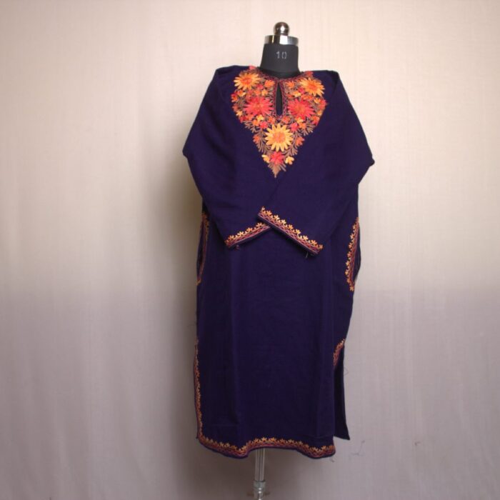 Dark Blue Phulari Work Cashmilon Pheran - Image 2