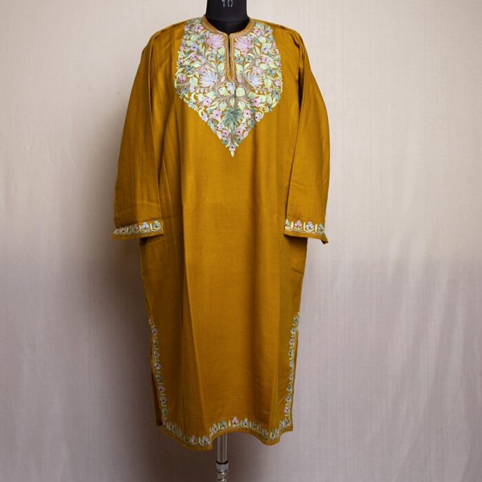 Light Mustard Premium Cashmilon Aari Pheran - Image 2