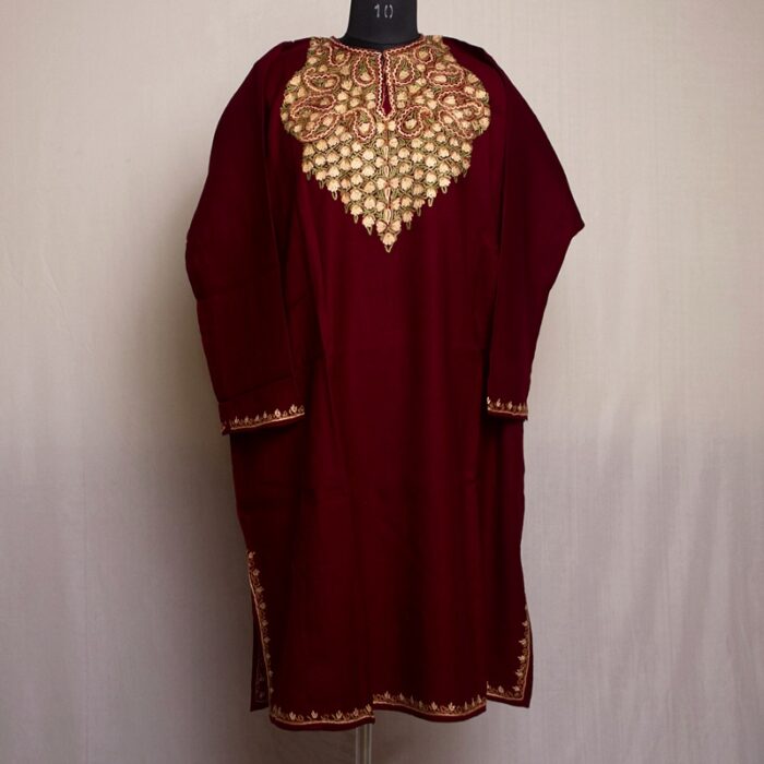 Maroon Qamash Raffal Hand Aari Pheran - Image 2