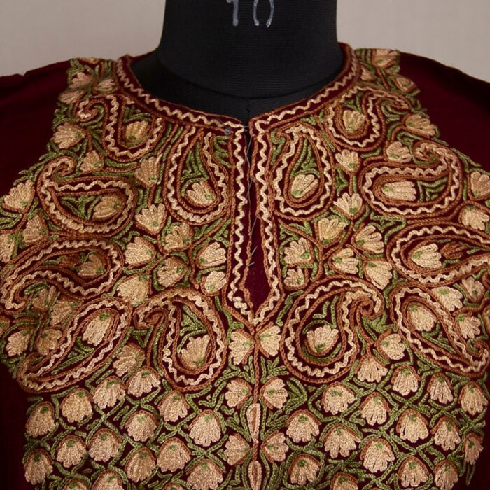 Maroon Qamash Raffal Hand Aari Pheran - Image 3
