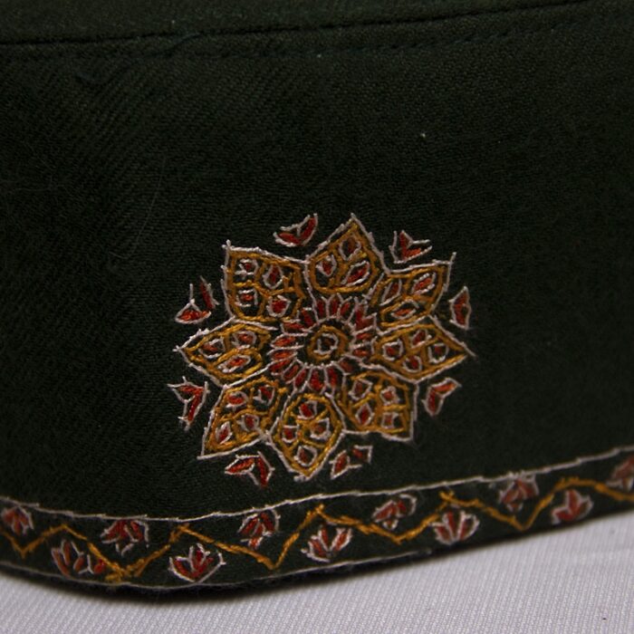 Dark Green Pure Pashmina Hand Sozni Cap - Image 4