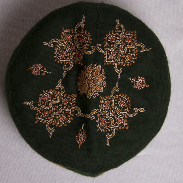 Dark Green Pure Pashmina Hand Sozni Cap - Image 2