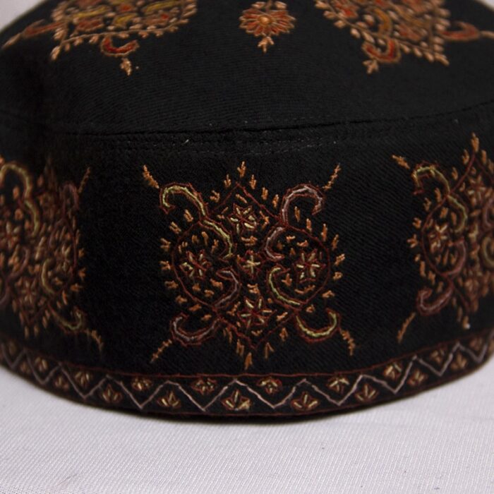 Black Pure Pashmina Hand Sozni Cap - Image 3