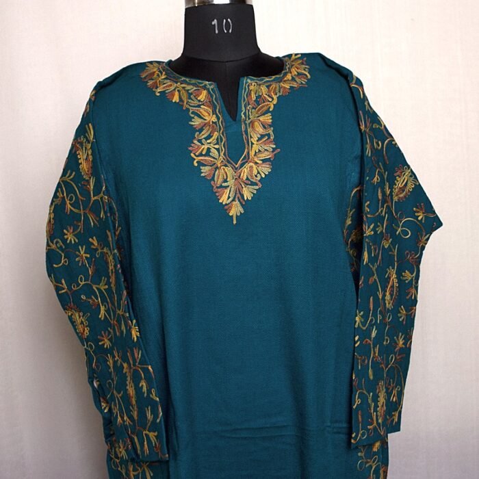 Blue Green Cashmilon Sidepanel Pheran with Beautiful Aari