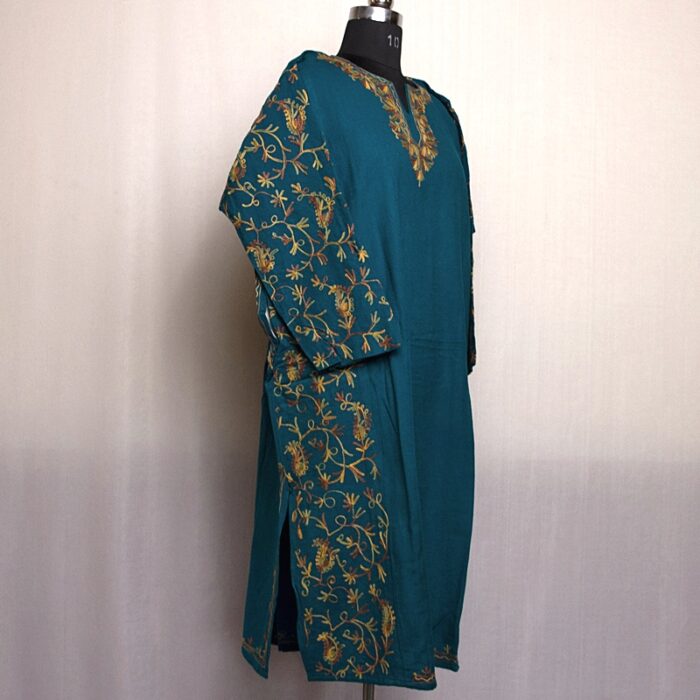 Blue Green Cashmilon Sidepanel Pheran with Beautiful Aari - Image 3