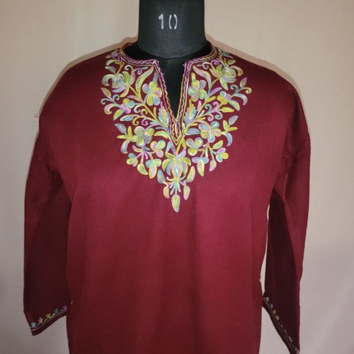Maroon Multi Cashmilon Aari Pheran L40