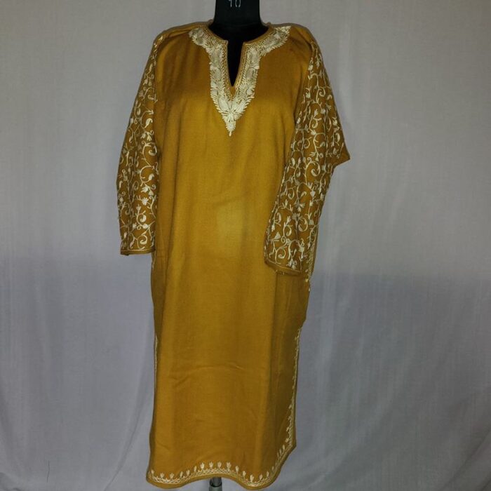 Mustard Arm Aari Work Cashmilon Phiran - Image 3