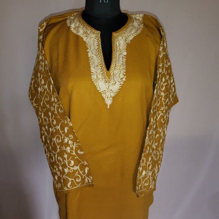 Mustard Arm Aari Work Cashmilon Phiran