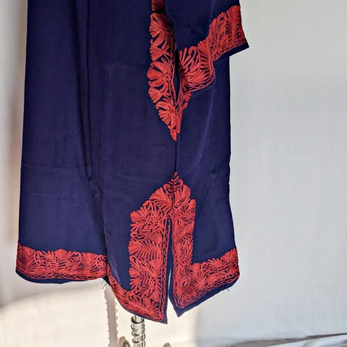 Dark Blue Cashmilon Pheran with Red Border Aari Work - Image 3