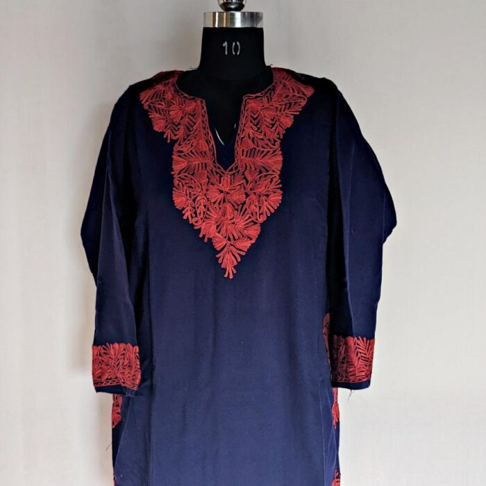 Dark Blue Cashmilon Pheran with Red Border Aari Work