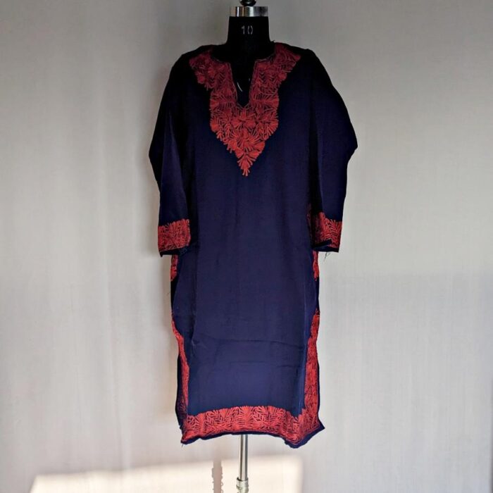 Dark Blue Cashmilon Pheran with Red Border Aari Work - Image 2