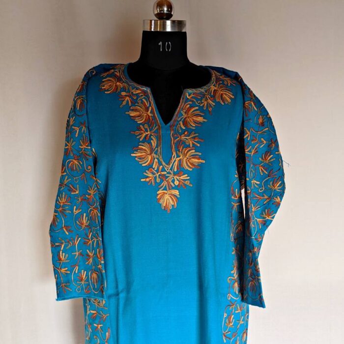 Blue Cashmilon Kanwal Sidepanel Pheran with Fine Aari