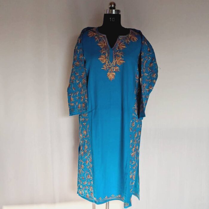 Blue Cashmilon Kanwal Sidepanel Pheran with Fine Aari - Image 3