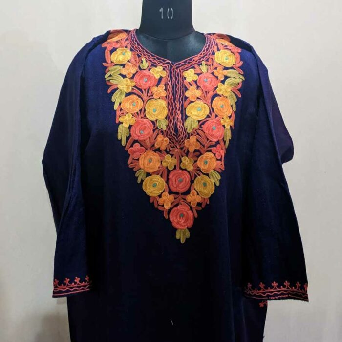 Dark Blue Floral Aari Cashmilon Pheran