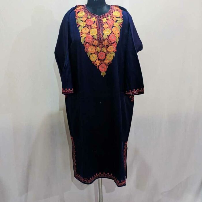 Dark Blue Floral Aari Cashmilon Pheran - Image 2