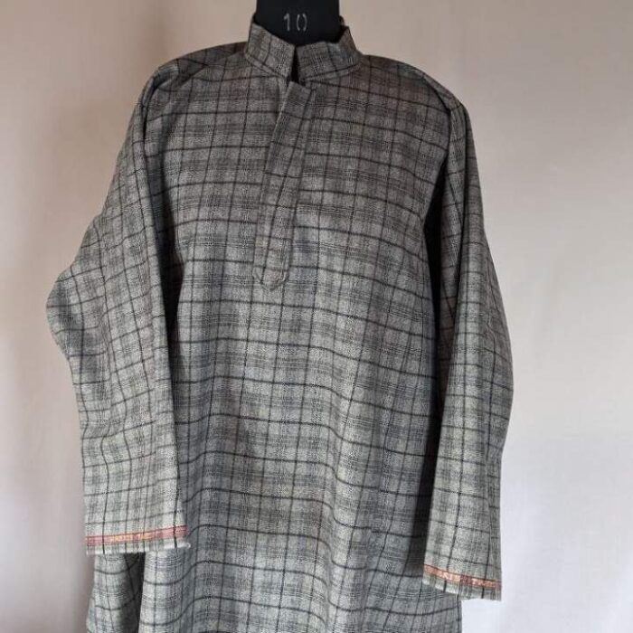 Light Grey Traditional Men Kashmiri Checkered Pheran