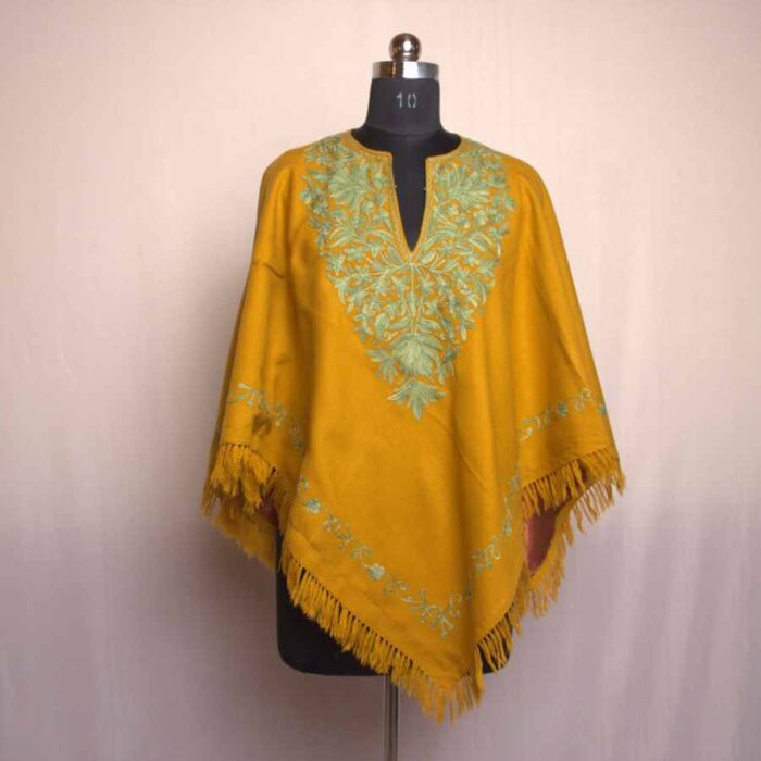 Mustard Kashmiri Poncho With Aari Embroidery