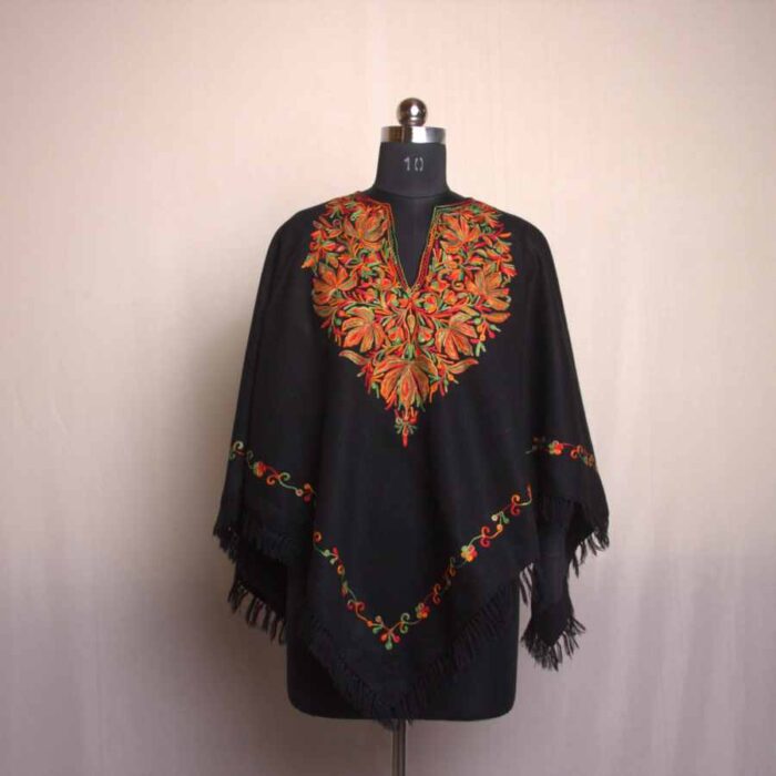 Black Kashmiri Poncho With Aari Embroidery