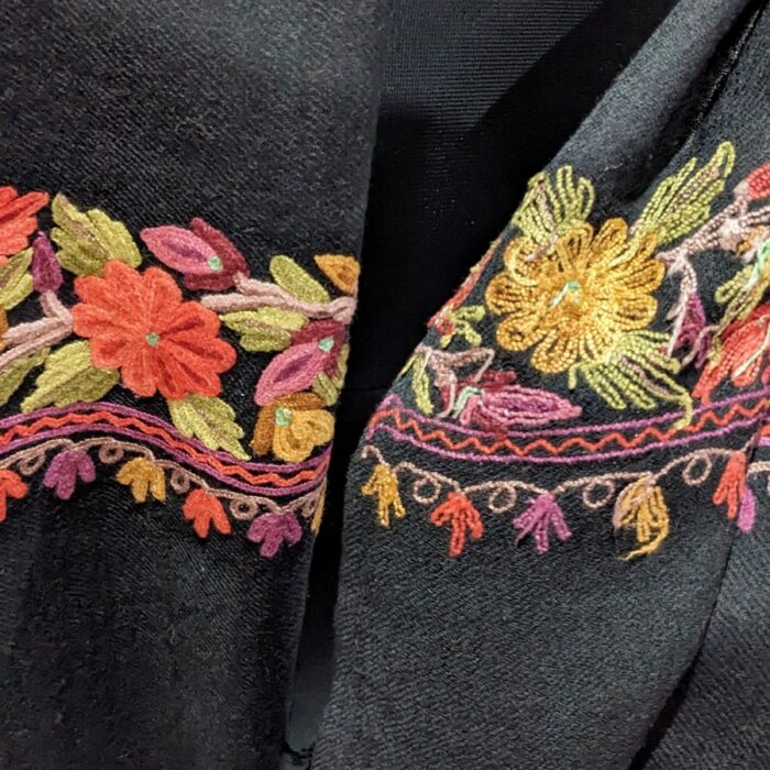 Black Wool Kashmiri Stole Hand Ari Work Pink Flower - Image 3