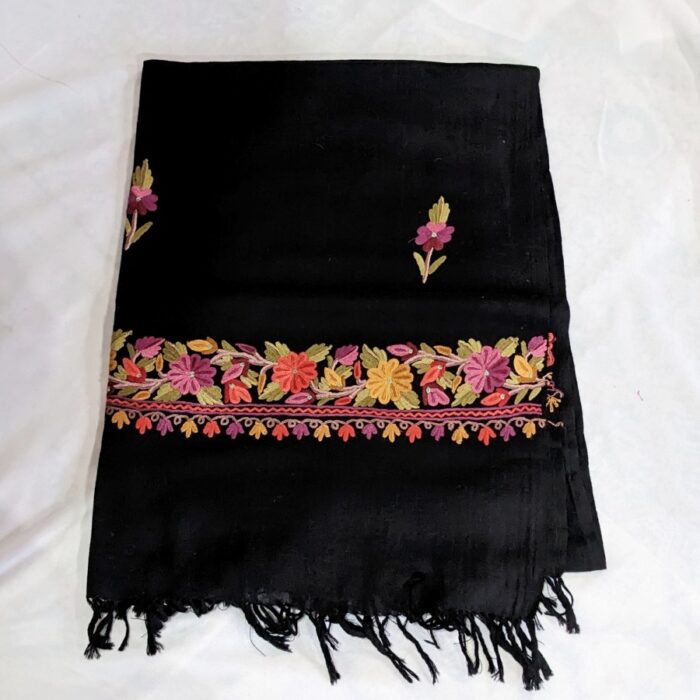 Black Wool Kashmiri Stole Hand Ari Work Pink Flower - Image 4