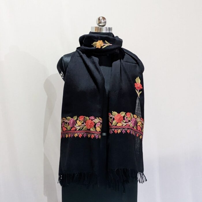 Black Wool Kashmiri Stole Hand Ari Work Pink Flower - Image 5