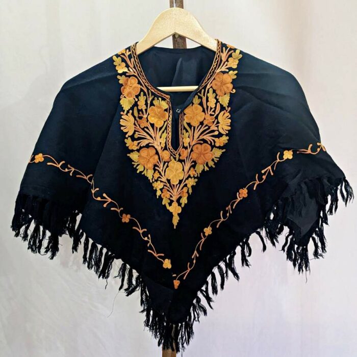 Black Kashmiri Kids Poncho With Aari Embroidery